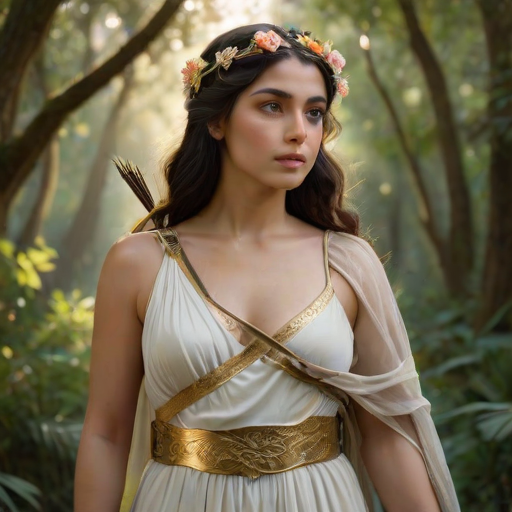 Create a portrait of a goddess-like Persian girl figure in a tranquil, forested environment. She has an elegant appearance with long, wavy hair styled in an updo and adorned with a delicate, floral headband. She wears a flowing, ancient Greek-inspired gown in a soft, pale color, featuring a one-shoulder design and draped fabric that accentuates her graceful form. The outfit includes a decorative belt with ornate gold detailing, and she holds a bow in her hand, with a quiver of arrows slung over her shoulder. The background depicts lush greenery, with sunlight filtering through the trees, casting a gentle, ethereal light on the scene. Her expression is calm and contemplative, embodying a sense of wisdom and serenity.