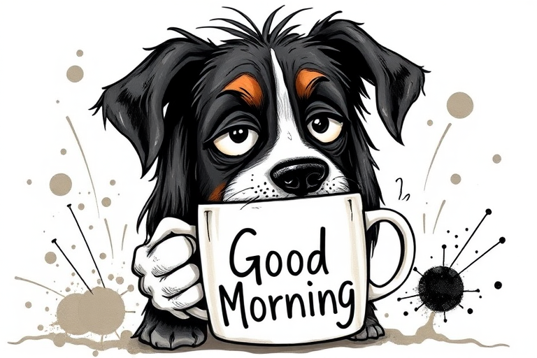 A quirky, artistic illustration of a disheveled basset jack dog breed with exaggerated, large eyes and spiky fur, holding a coffee mug that reads "Good Morning". The dog has a tired but humorous expression, with ink splatters and abstract details surrounding it, giving a whimsical feel to the image. The color palette is mostly monochrome with hints of white in the eyes and steam rising from the mug, enhancing the overall sleepy vibe