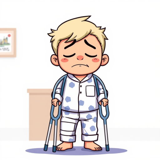 Create a cartoon-style illustration of a sad character in hospital pajamas with a leg in a cast and using crutches, shot with a DSLR camera at f/2.8 aperture, 50mm lens, and a shallow depth of field for enhanced focus on the character.