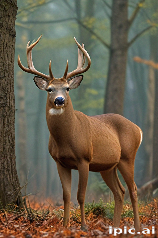 Majestic Buck Standing Proudly Amongst the Trees in a Misty Forest.