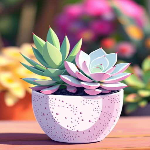 Generate a vibrant illustration of two succulent plants in a stylized pot with a textured pattern, use a soft focus effect to enhance depth, set the camera to f/4 for a sharp foreground with a blurred background, and apply a bright, pastel color palette for a cheerful atmosphere.