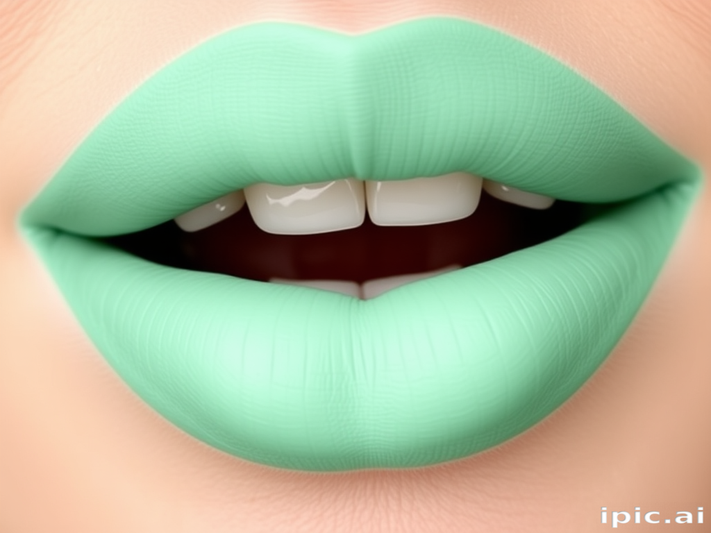 Fresh "Minty Green" lips showcasing a cool, pastel green matte color, precisely lined and filled for a unique, avant-garde look