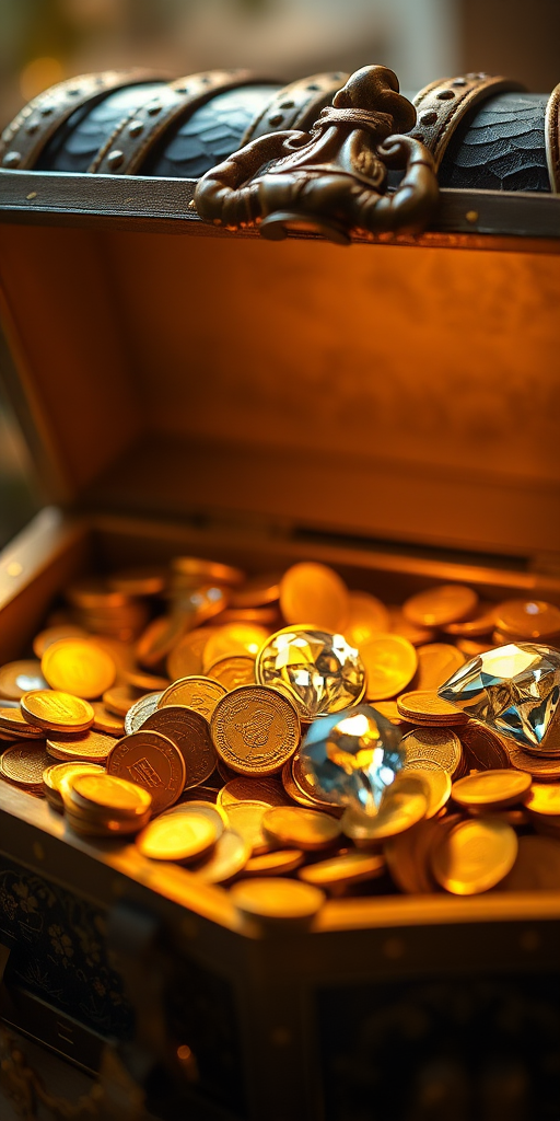 A treasure chest overflowing with gold coins, sparkling jewels, and a shiny diamond, illuminated by soft golden light, captured with a DSLR camera, 50mm lens, f/1.8 aperture, ISO 100, and a shallow depth of field for a rich, detailed background.