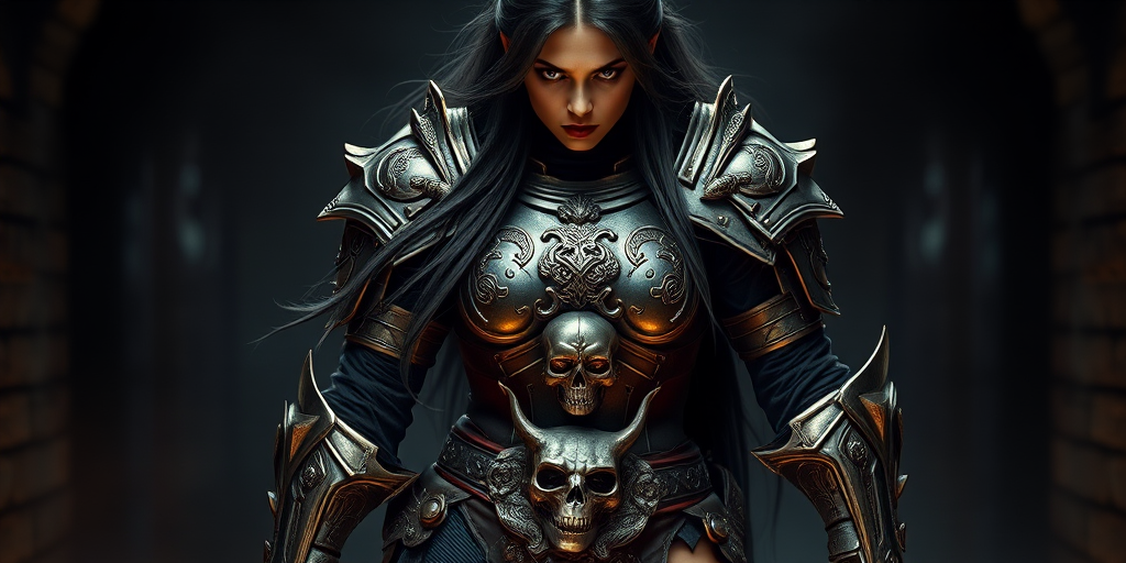 Create a photo of a fierce female warrior with long black hair, wearing an ornate, metallic armor. The armor includes a breastplate with intricate designs, shoulder guards, and gauntlets. The breastplate is decorated with a central emblem, possibly representing a mythical symbol, and has a sculpted, form-fitting design. She wears a belt with a large skull ornament at the center, and her armor extends into a partial skirt, revealing one leg. The overall look is both protective and stylish, with a dark, gothic aesthetic. The background is dimly lit, suggesting a medieval or fantasy setting, enhancing the warrior's imposing presence and intense expression.
