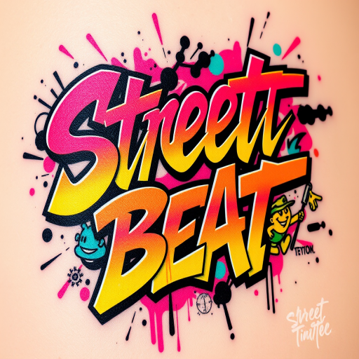 Graffiti style tattoo named "Street Beat" featuring bold dynamic lettering and cartoon characters in bright neon colors with a spray paint effect for an urban street art inspired look