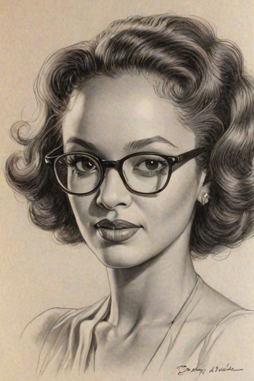 Stunning Daphne Maxwell Reid, pencil sketch, portrait of Bewitching woman 1934s in glasses, hair style beatnik, outline, clear lines, fine lines, 8k