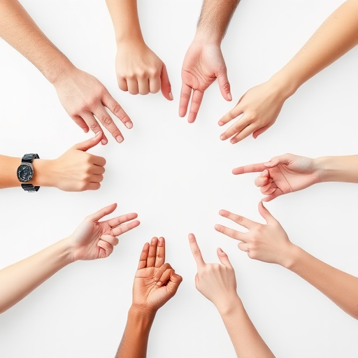 A circular arrangement of hands giving thumbs up and thumbs down against a white background, captured with a DSLR camera, aperture f/2.8, ISO 100, 1/200 sec, in a studio lighting setup to enhance clarity and contrast.
