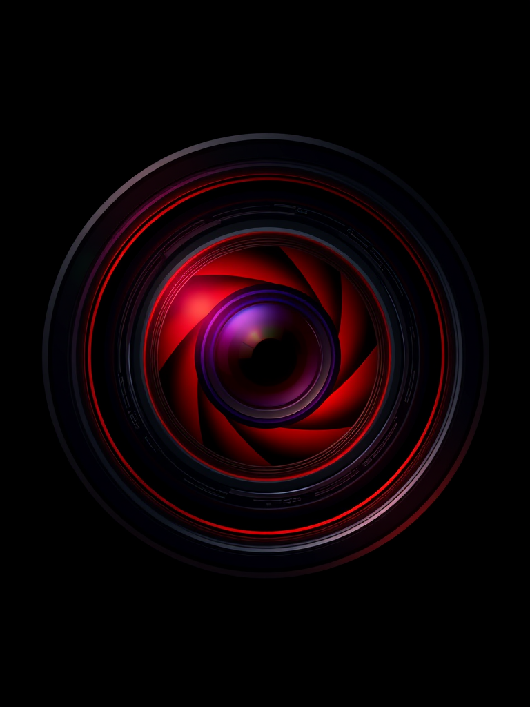 Create a high-resolution digital illustration of a red camera aperture logo set against a black background, using a Canon EOS R5 with a 50mm f/1.2 lens, aperture set to f/4, ISO 100, and a 1/125s shutter speed for clarity and vibrant color contrast.