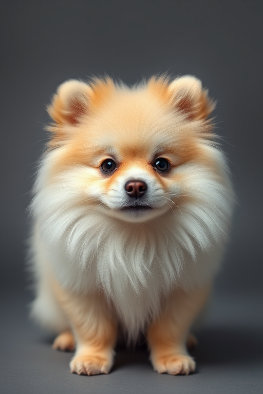 high-quality portrait of a fluffy Pomeranian dog with soft focus background, studio lighting, aperture f/2.8, ISO 100, 85mm lens, Canon DSLR, front view, natural pose