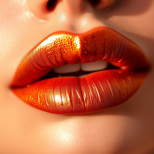 Shimmering bronze lips with a metallic finish, named "Sun-Kissed Glow," featuring warm undertones and a luxurious, molten metal appearance