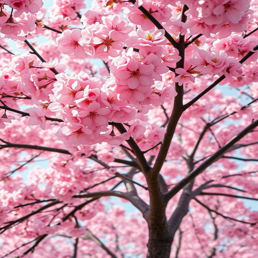 Create a vibrant, high-resolution image of a blooming cherry blossom tree in full pink blossom, captured with a Canon EOS R5, 50mm lens, f/1.8 aperture, ISO 100, under soft natural lighting, from a low angle perspective to emphasize the tree's height and beauty.