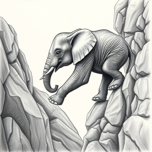 Create an intricate drawing of a baby elephant climbing down a rocky ledge, emphasizing texture and detail, using a high-resolution camera with a 50mm lens, f/2.8 aperture, ISO 100, and a shallow depth of field, capturing the scene from a slightly elevated angle for a dynamic perspective.