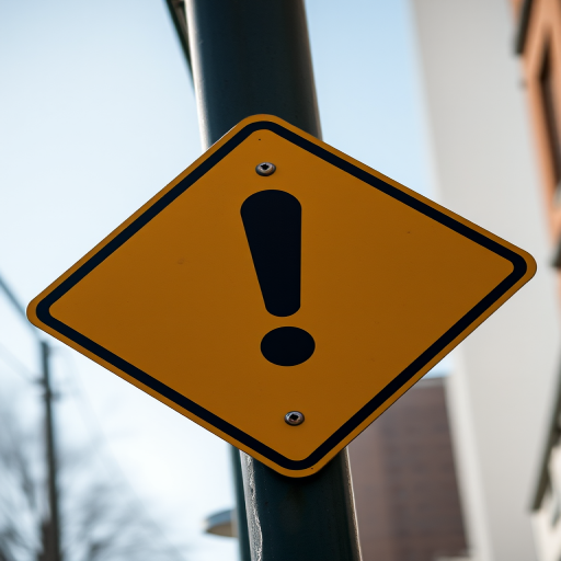 Create a high-resolution image of a yellow warning sign with a black exclamation mark in the center, captured using a DSLR camera with a 50mm lens, aperture of f/8, shutter speed 1/125 sec, ISO 100, taken from a straight-on perspective with natural lighting for clarity and detail.