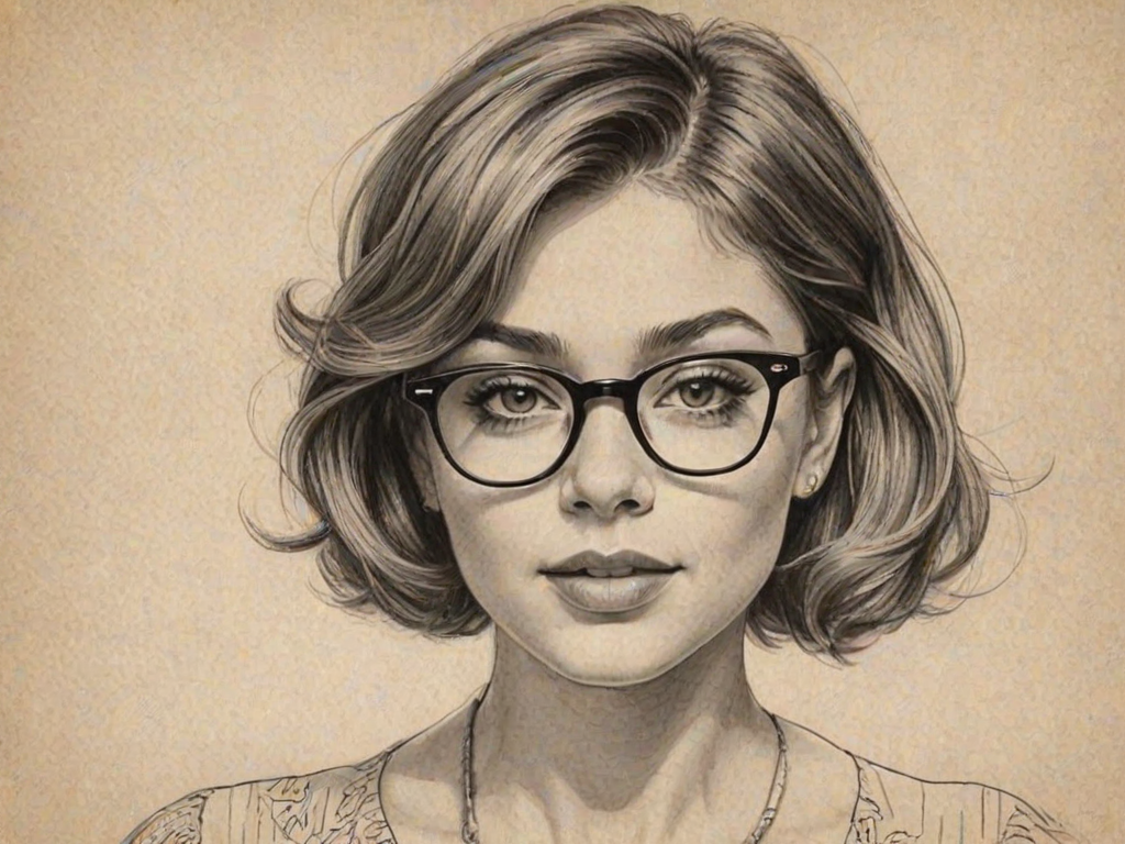 Fetching Sarah Hyland, pencil sketch, portrait of Beauteous woman 1933s in glasses, hair style beatnik, outline, clear lines, fine lines, 8k