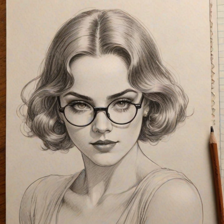 Bewitching JoJo, pencil sketch, portrait of Alluring woman 1925s in glasses, hair style beatnik, outline, clear lines, fine lines, 8k