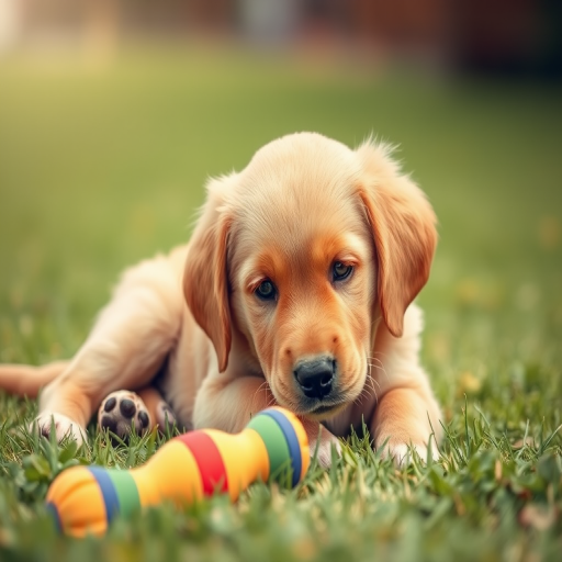 golden retriever puppy resting on grass with a toy in front, shallow depth of field, 50mm lens, f/1.8, ISO 200, natural light, soft focus background, DSLR camera