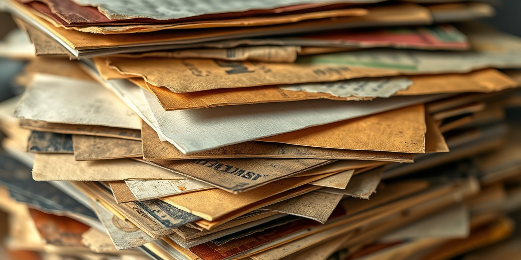 regenerate an image featuring an array of aged and textured paper sheets with various colors and patterns stacked in a slightly overlapping manner, shot with a Canon EOS R5, 50mm lens, aperture f/1.8, ISO 200, in natural light, with a slight tilt-shift effect for enhanced focus on textures