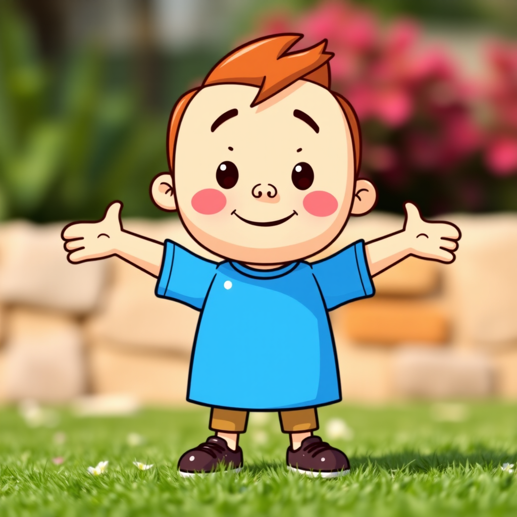 Generate a colorful cartoon character with a simple design, standing with arms outstretched, wearing a blue shirt, in a bright and cheerful style, taken with a DSLR camera at f/2.8 aperture, ISO 100, 50mm lens, natural lighting for enhanced vibrancy.