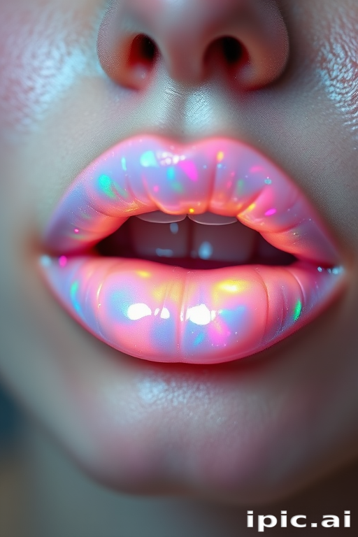 Radiant opal lips shimmer with iridescent white and pastel rainbow hues, creating a magical and ethereal effect perfect for editorial imagery