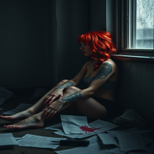 Regenerate a high-resolution image of a woman with red hair and tattoos sitting by a window in a dimly lit room, surrounded by scattered papers and blood splatters, using a DSLR camera with a 50mm f/1.8 lens, aperture set to f/2.8, ISO 200, and a soft focus effect to enhance mood and depth.