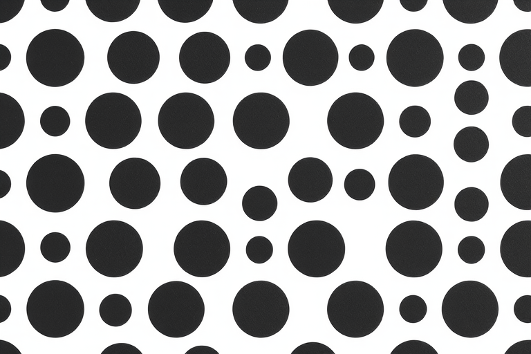 Create a seamless pattern of evenly spaced black circles on a white background, with a focus on sharpness and clarity, using a DSLR camera at f/8 aperture, ISO 100, 50mm lens, in a top-down view, capturing the texture and contrast of the dots.