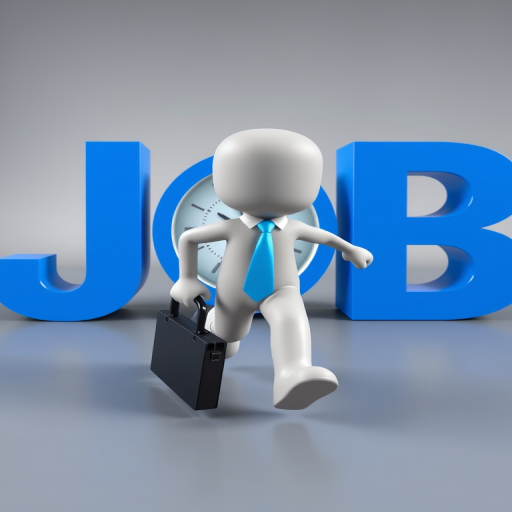 Create an image of a 3D character wearing a blue tie and holding a briefcase, running towards large blue letters spelling "JOB," with a clock integrated into the letter "O," shot with a DSLR camera at aperture f/8, shutter speed 1/200s, ISO 100, using a wide-angle lens for a dynamic perspective and vibrant colors.
