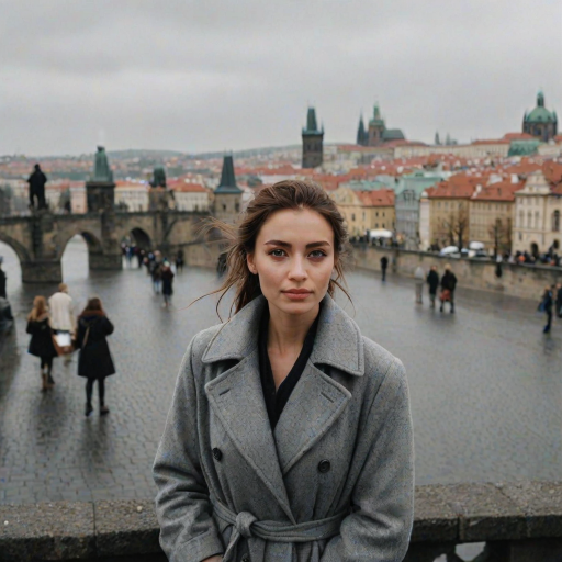 cinematic photo from above, waist up shot, sharp focus, a beautiful woman in foreground, in Prague, at the Charles Bridge, river in background, overcast rainy day, wearing long grey wool coat, warm rich color palette