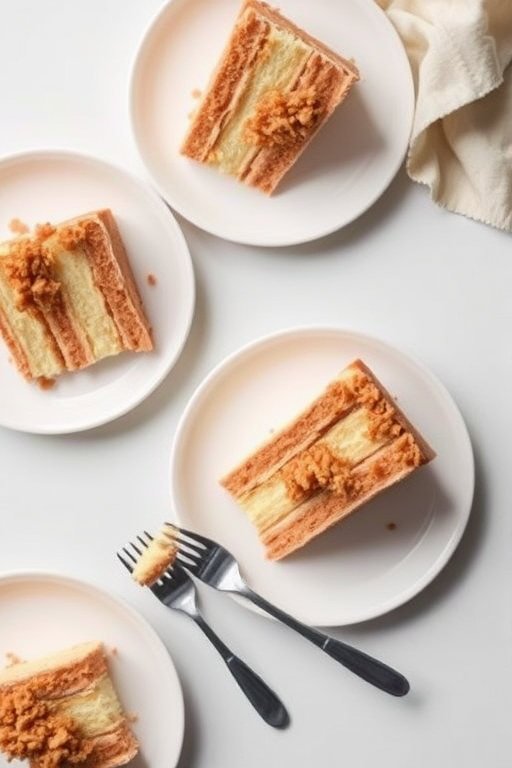Aerial view of several slices of layered cake on white plates arranged on a light surface with a fork on one plate and a napkin in the background. The cake features cream and sponge layers with a crumb topping. The setting is bright and minimalist.