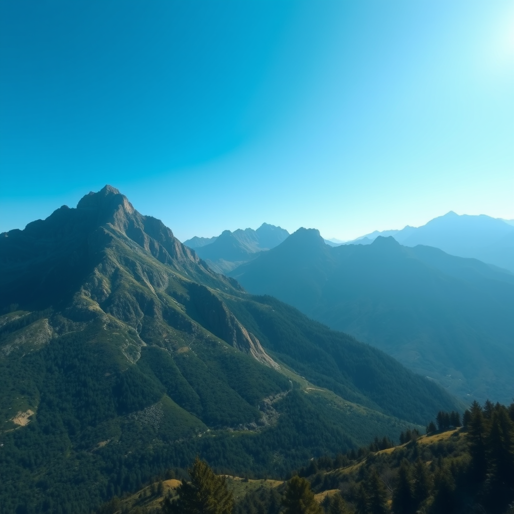 Generate an image of a serene mountain landscape with a clear blue sky, shot with a DSLR camera at f/8, ISO 100, shutter speed 1/250s, from a wide-angle view to enhance depth, with vibrant colors and high contrast for clarity.