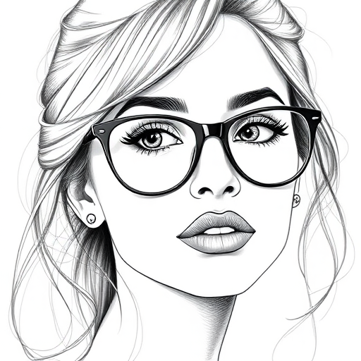 hot mia khalifa, pencil sketch, portrait of beautiful woman 60s in glasses, hair style beatnik, outline, clear lines, fine lines, 8k