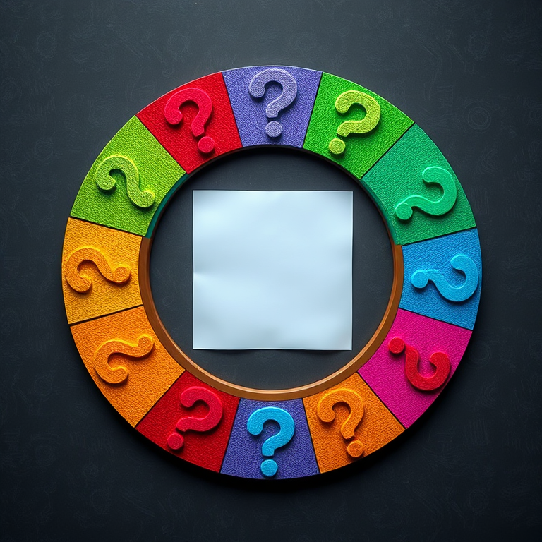 Generate a vibrant circular graphic with colorful question mark designs around a central empty square, using a Canon EOS R5 with a 50mm f/1.2 lens, aperture set to f/4, ISO 100, and a shutter speed of 1/200 sec, high dynamic range, top-down view, and vibrant colors for enhanced detail and clarity.