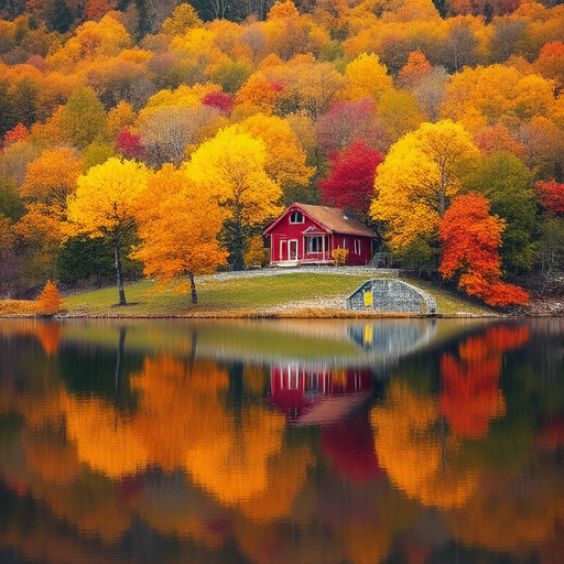 Capture a vibrant autumn landscape featuring a small red house surrounded by colorful trees with yellow and orange leaves, reflecting on a calm lake, shot with a Canon EOS 5D Mark IV, ISO 100, f/8, 1/200 sec, using a 24-70mm lens from a low angle to enhance depth and color saturation.