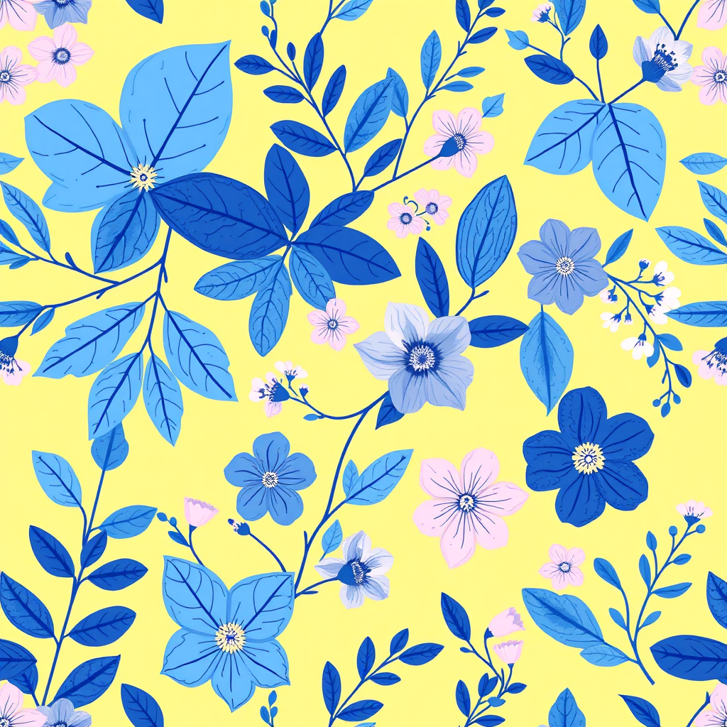 Generate a seamless floral pattern with a mix of blue and pastel illustrations of leaves and flowers on a soft yellow background, camera settings: f/8, ISO 100, shutter speed 1/200, camera view: top-down, camera style: digital illustration, camera type: DSLR.