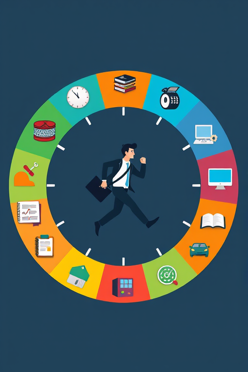 Create a digital illustration of a circular infographic representing time management, featuring a central figure running with a briefcase among icons for food, books, computers, a car, and a bed in a vibrant color scheme, shot with a DSLR camera in high resolution, aperture f/2.8, ISO 100, and a 50mm lens.