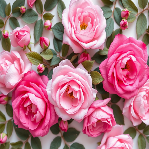 Generate a high-resolution floral pattern featuring vibrant pink roses and delicate leaves, captured with a Canon EOS R5, 50mm lens, f/1.8 aperture, ISO 100, in soft natural light, top-down view for an elegant aesthetic.
