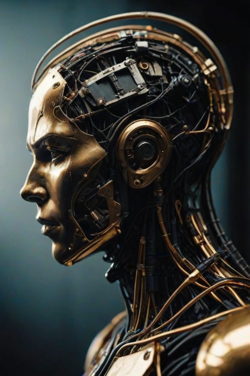 Sideview of a wired-cyborg Made intricate mechanical parts and wires, the light shines through the desolate head, Silhouette Made of wires and cables, moody, golden hour lighting, volumetric lighting