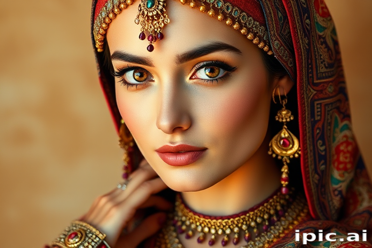 Create a portrait of a beautiful woman with striking hazel eyes and a gentle expression. She is adorned in traditional attire with intricate patterns, including a richly embroidered headscarf and matching garments. Her jewelry includes a delicate headpiece, dangling earrings, and ornate bracelets, all featuring vibrant gemstones and detailed metalwork. The background is soft and warm, enhancing the rich colors of her outfit and jewelry.