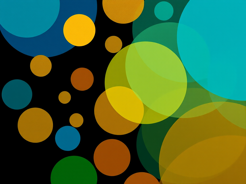 Create an abstract image of overlapping colorful circles in shades of blue, gold, and green on a black background, using a high-resolution digital camera with a 50mm lens at f/8, ISO 100, and a shutter speed of 1/125 sec, capturing a vibrant, detailed composition with a wide-angle view.
