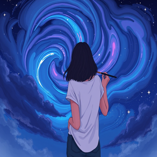 Generate an artistic illustration of a woman standing with her back to the viewer, holding a paintbrush and painting a vibrant night sky filled with swirling clouds in shades of blue and purple, with stars scattered throughout, shot in 50mm lens at f/1.8 aperture with a shallow depth of field and a high dynamic range setting on a mirrorless camera.