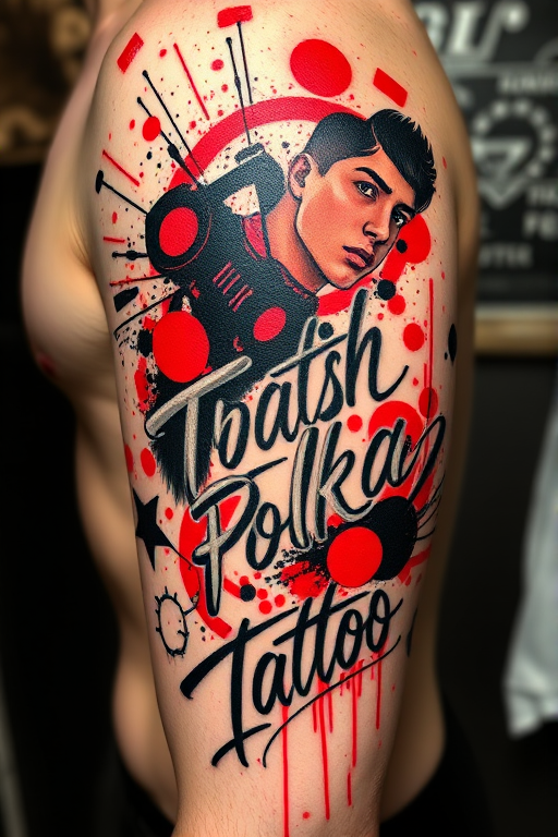 Trash polka tattoo combining bold, chaotic red and black elements with fine line script and photorealistic imagery, creating a striking contrast between abstract and realistic components