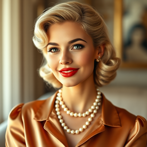 A beautiful Chaldean woman reminiscent of 1950s Hollywood glamour, with perfectly styled blonde hair and a seductive smile, dressed in a satin blouse and adorned with pearls, soft and warm tones, photorealistic, 8K