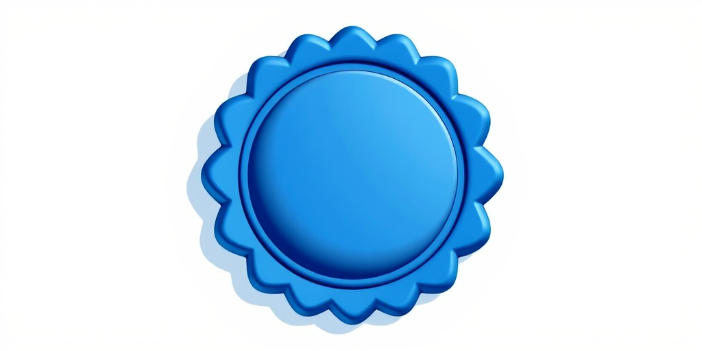 Create a high-resolution digital illustration of a blue badge with scalloped edges and a smooth surface, using a DSLR camera with a 50mm lens at f/2.8, ISO 100, in natural daylight to enhance colors and details.
