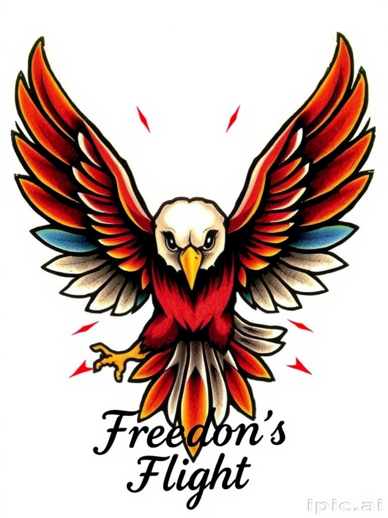 Traditional American tattoo design featuring a bold eagle with spread wings, incorporating bright primary colors and thick black outlines, dubbed "Freedom's Flight"