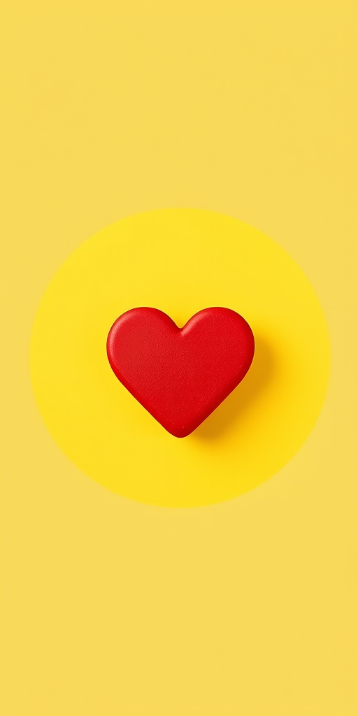 Create a high-resolution image of a simple red heart centered within a circular yellow background, using a Canon EOS R5 camera, aperture f/2.8, ISO 100, 50mm lens, in portrait orientation with soft lighting for a vibrant and clean look.