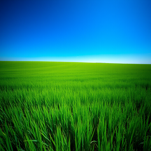 Generate a high-resolution image of a serene landscape with a lush green field under a clear blue sky, captured with a Canon EOS 5D Mark IV at f/8, ISO 100, 1/250s, wide-angle view, and a vibrant color style.