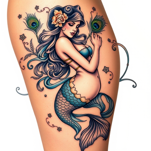 Art nouveau-inspired tattoo titled "Mermaid's Reverie" depicting a sultry mermaid entwined with sinuous seaweed and ornate scrollwork, incorporating peacock feather motifs and iridescent color effects, perfect for thigh, side body, or full back placement