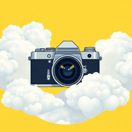 Create an illustration of a vintage camera with a sleek design, set against a bright yellow circular background featuring soft, fluffy clouds, using a 50mm lens, f/1.8 aperture, ISO 100, shooting from eye level with a shallow depth of field for enhanced detail and vibrancy.