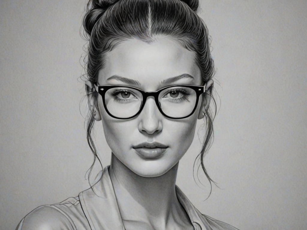Stunning Bella Hadid, pencil sketch, portrait of Charming woman 1926s in glasses, hair style beatnik, outline, clear lines, fine lines, 8k