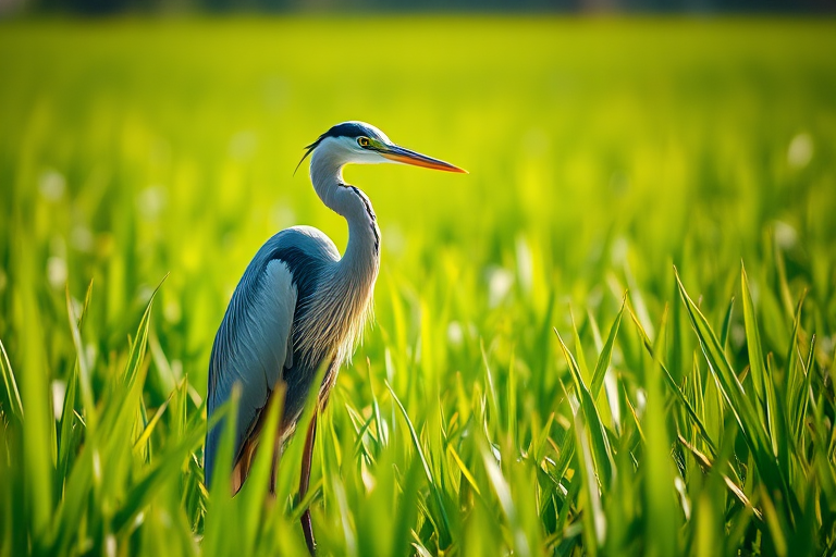 Capture a close-up of a heron standing in lush green rice paddies with a shallow depth of field, using a Canon EOS 5D Mark IV with an 85mm f/1.8 lens, aperture set to f/4, ISO 200, and natural lighting to enhance details in the feathers and surrounding foliage.