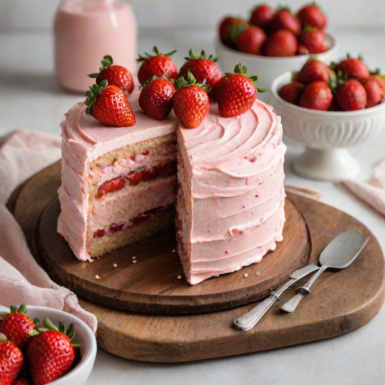 Generate an image of a beautifully decorated cake on a wooden platter. The cake is layered and features a light pink frosting, topped with fresh strawberries. A slice of the cake is cut out, revealing its moist texture. Surround the cake with scattered strawberries and a few utensils for serving. The background should be neutral to highlight the cake's vibrant colors.